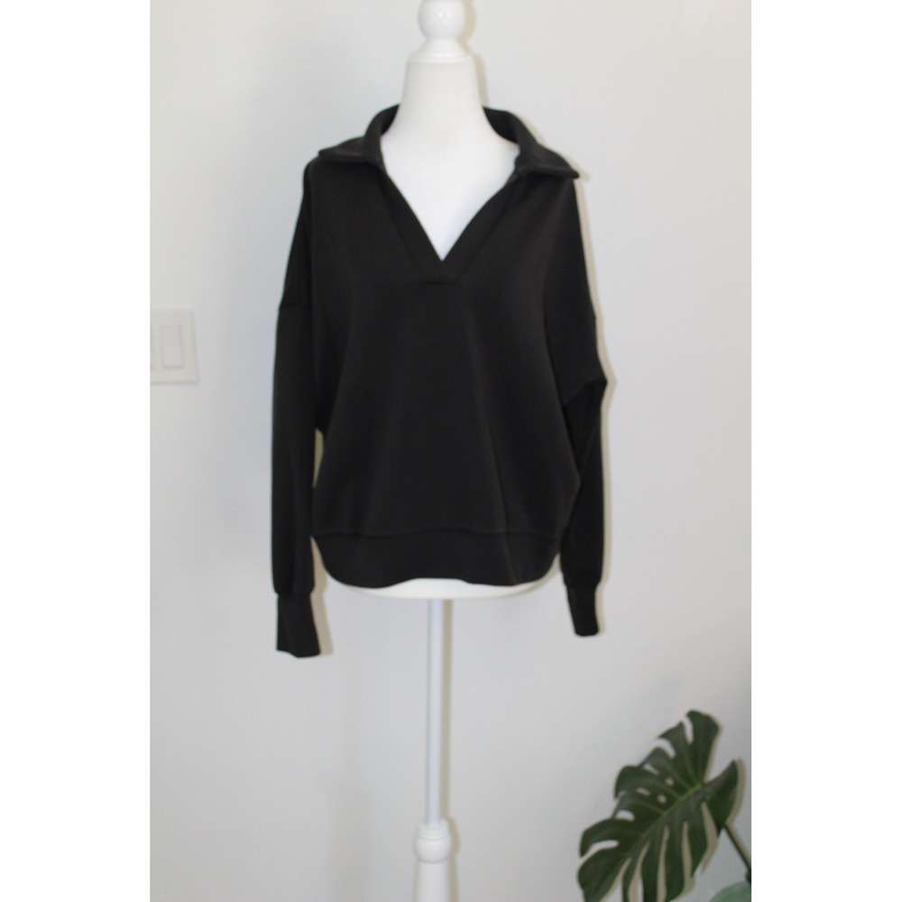 BYLT Premium Basics Women's Black V-Neck Collared Oversized Sweatshirt Size M